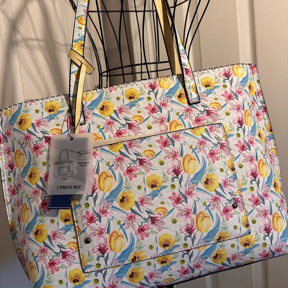 Floral Tote Bag with Front Pocket and wristlet insert Yellow & Pink